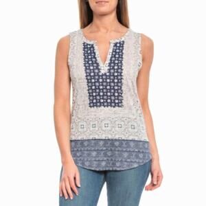 Lucky Brand Sleeveless Shirt Tank Top Sz XL Gray Navy Scarf Pattern Split Neck